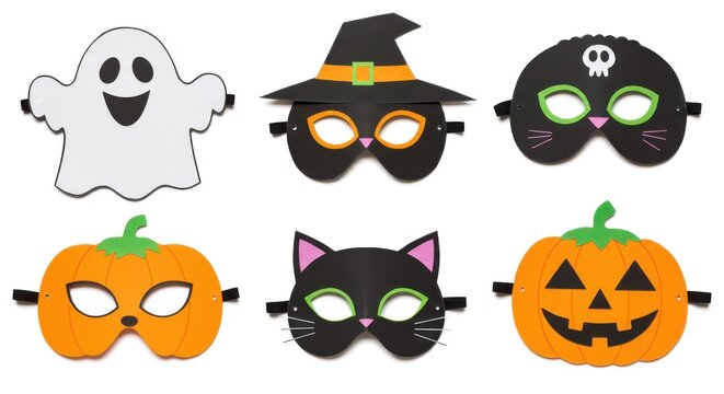 Colorful Halloween masks including a ghost, witch, cat, and pumpkin against a white background