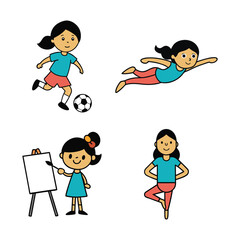 Set of Cartoon Girls Engaged in Fun Activities and Hobbies, Vector Illustration.