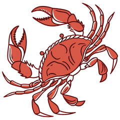 A clean and bold vector illustration of a red crab in a minimalist flat design style. The symmetrical, top-down view makes it perfect for use as a logo, icon, or a central design element. Its simple s