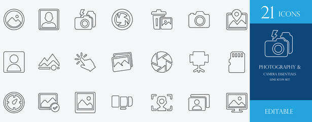 Photography and Camera Essentials line icon set. Features minimal, outline icons of camera, lens, snapshot, focus, studio, composition, and digital photography