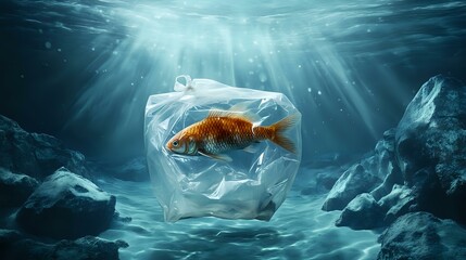 An underwater composition of a lone fish inside a plastic bag slowly sinking in a clear ocean trench with minimal debris and strong lighting conditions