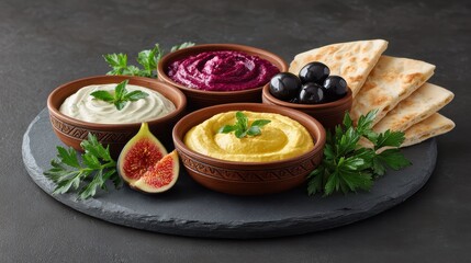 Mediterranean diet meal organic tapas concept. A platter of vibrant dips, olives, and flatbread presented on a slate board with fresh herbs.