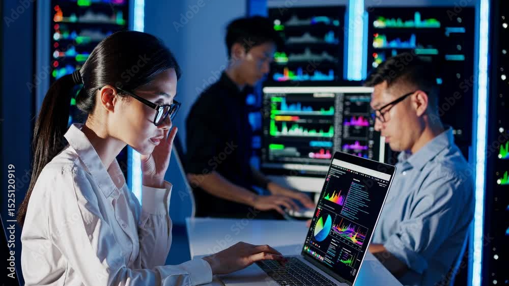 Poster professionals analyze data in a high-tech workspace during evening hours