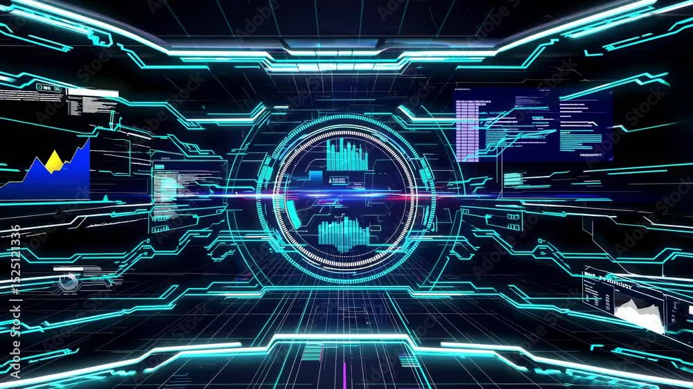 Fototapete Futuristic digital environment showcasing advanced technology visualizations and data analysis interfaces