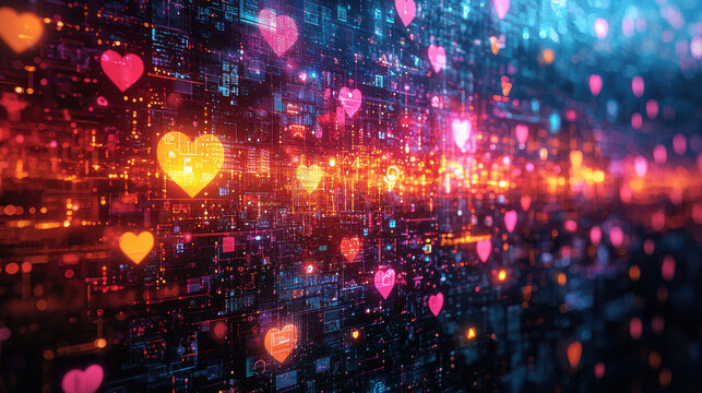 A vibrant backdrop teeming with digital icons - hearts, comment bubbles, and profile pictures - pulsating with energy, evoking the essence of modern communication and social media influence. 
