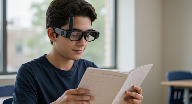 Young student wearing assistive technology glasses reads a book with braille in classroom - Powered by Adobe