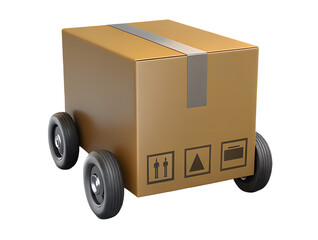 3d illustration rendering of isolated transparent fragile cardboard parcel box on wheel icon