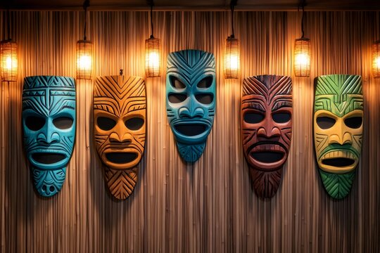 Five colorful tribal masks hanging on a wooden wall with lights