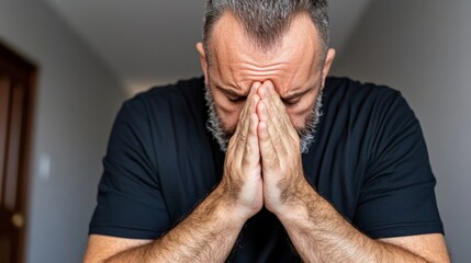Naklejka premium Man with gray beard and short hair praying or feeling distressed with hands clasped near face