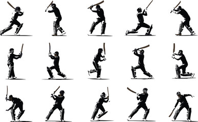 Silhouette Icons of Cricket Players in Action: Various Batting Poses and Movements for Sports Design