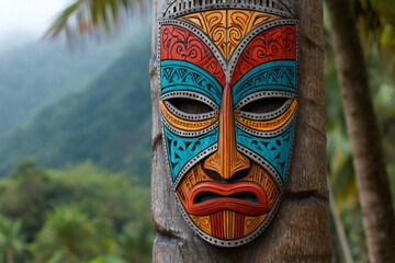 Colorful polynesian tiki mask hanging on a palm tree with tropical rainforest background
