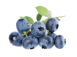 Fresh blueberry with green leaves, isolated on white background. Bilberry or whortleberry berries. Clipping path.