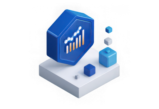 3D finance icon with bar chart, blue geometric shapes