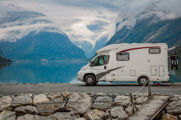 Family vacation travel RV, holiday trip in motorhome, Caravan car Vacation.