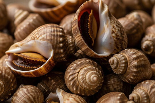 A detailed, cozy, rustic-style food photo of Sururu, with natural lighting enhancing the warm tones and intricate textures of the shells.