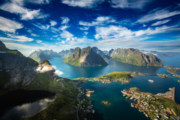Amazing landscape of the Lofoten Islands from the top of Reinebringen Mountain with blue sky ,...