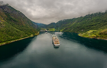 Geiranger fjord, Norway aerial photography.