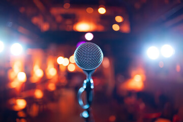 Microphone on stage against a background of auditorium.