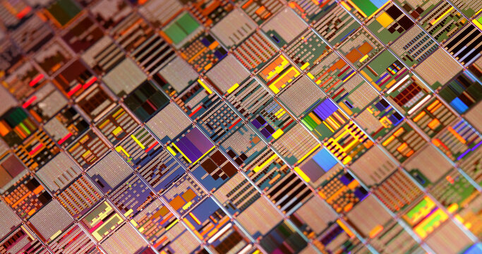 Silicon semiconductor wafer close-up.