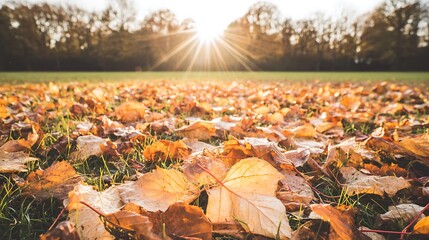 Autumn leaves on grass in sunlight