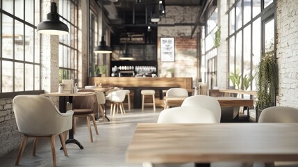 Fototapeta premium Airy industrial cafe interior with rough wood tables, taupe and cream chairs, and streamlined black hanging lights