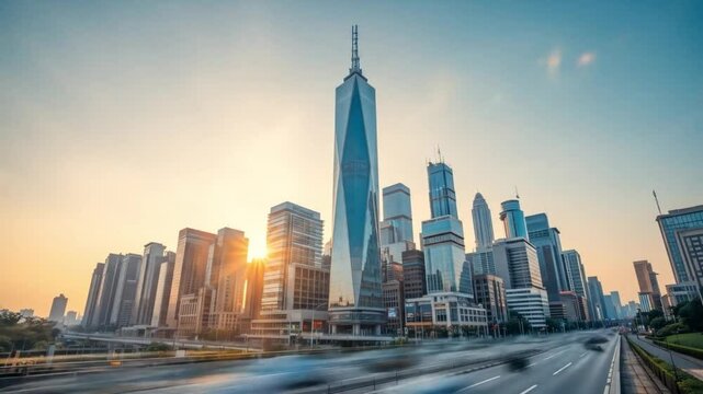 4K time-lapse of a bustling city skyline at sunset, with golden light reflecting off modern glass skyscrapers and fast-moving traffic below