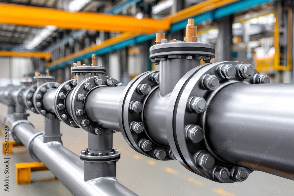 Poster industrial pipeline system with valves connecting pipes in factory