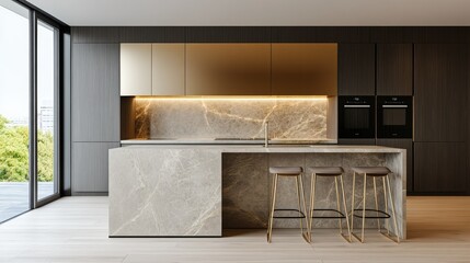 Contemporary minimalist kitchen with a bold stone island, slim stools, gold metallic upper panels, and seamless finishes