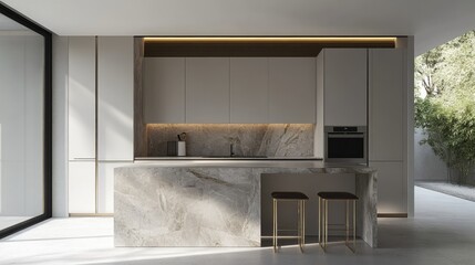 Contemporary minimalist kitchen with a bold stone island, slim stools, gold metallic upper panels, and seamless finishes