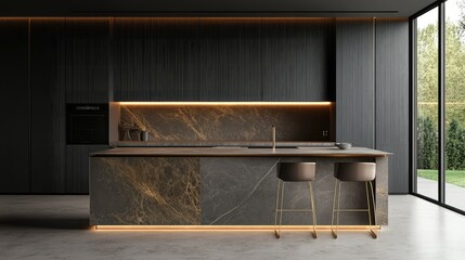 Contemporary minimalist kitchen with a bold stone island, slim stools, gold metallic upper panels, and seamless finishes