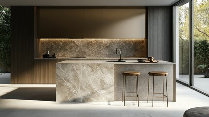Contemporary minimalist kitchen with a bold stone island, slim stools, gold metallic upper panels, and seamless finishes