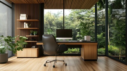 Contemporary workspace with a black-and-wood theme, floating shelves, clean desk, and large windows overlooking green woodland