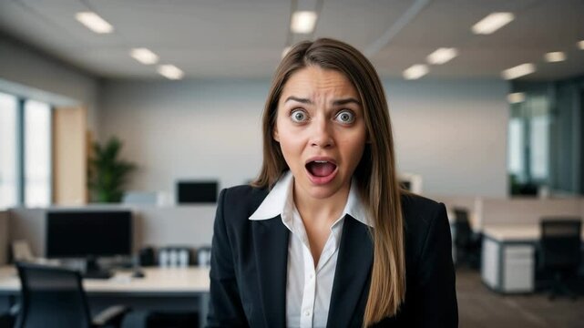Businesswoman Shocked in Modern Office After Unexpected News