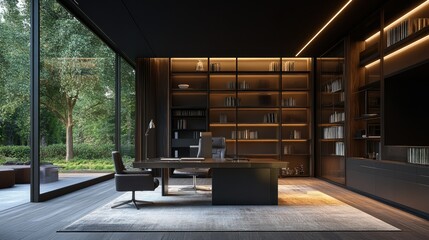 Dark modern office featuring elegant decor, organized shelves, a sleek metal desk, and serene outdoor views through glass walls