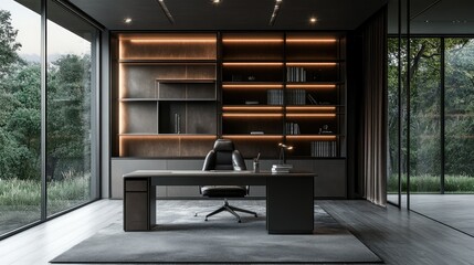 Dark modern office featuring elegant decor, organized shelves, a sleek metal desk, and serene outdoor views through glass walls