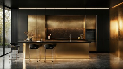 Elegant kitchen interior with dark countertops, slim island seating, and gold metal panels creating a warm modern glow