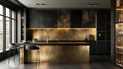 Elegant kitchen interior with dark countertops, slim island seating, and gold metal panels creating a warm modern glow