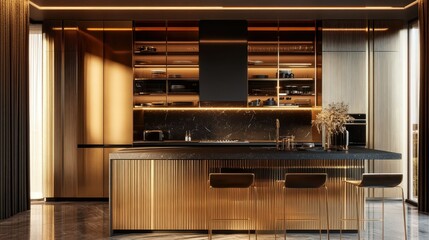 Elegant kitchen interior with dark countertops, slim island seating, and gold metal panels creating a warm modern glow