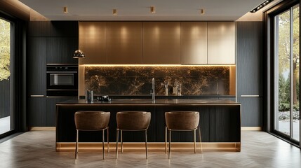 Elegant kitchen interior with dark countertops, slim island seating, and gold metal panels creating a warm modern glow