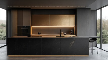 High-end minimalist kitchen with black stone finishes, integrated gold cabinetry, and an elongated island for sleek seating