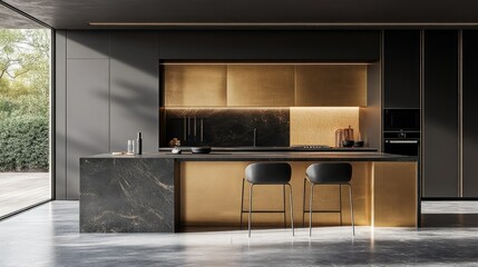 High-end minimalist kitchen with black stone finishes, integrated gold cabinetry, and an elongated island for sleek seating