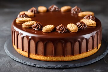 Delicious chocolate cake dripping with ganache and decorated with cookies and chocolate cream