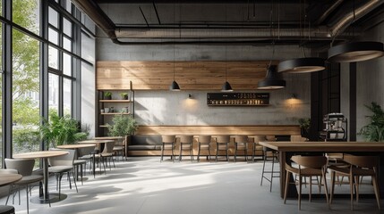 Industrial cafe setting with a raw and refined mix of wood, soft textures, and sleek black pendant lighting accents