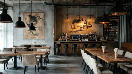 Industrial-modern cafe with rustic wooden tables, neutral fabric chairs, and black metal pendant lights hanging from a raw concrete ceiling