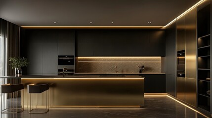 Luxury minimalist kitchen featuring dark materials, a long island with clean lines, gold-finish cabinetry, and soft lighting