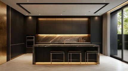 Luxury minimalist kitchen featuring dark materials, a long island with clean lines, gold-finish cabinetry, and soft lighting
