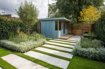 Fototapeta premium Garden shed with patio and landscape design