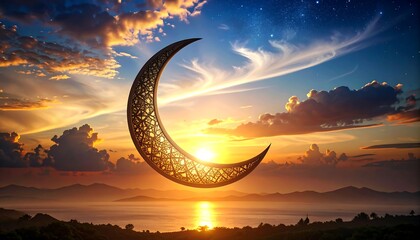 Ornate Crescent Moon Sunset Sky.