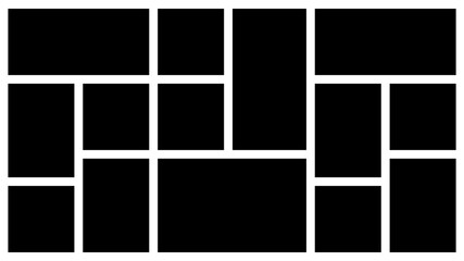 A Horizontal Black and White Rectangular Grid Photo Collage Template for Multiple Photos. blank college frame photo part or picture Vector mockup. frame. picture college. picture frames.