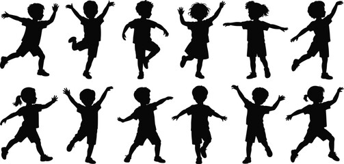 Vector silhouette of active children jumping, dancing, and moving, happy kids in motion poses, energy, joy, and fun activities
